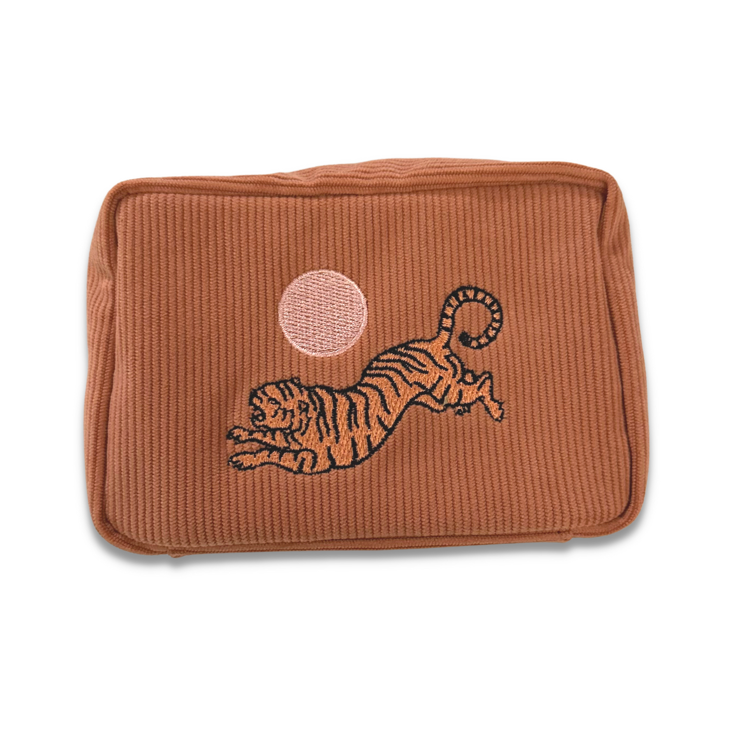 Tiger Embroidered Corduroy Makeup Bag - Dusty Pink