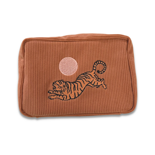 Tiger Embroidered Corduroy Makeup Bag - Dusty Pink